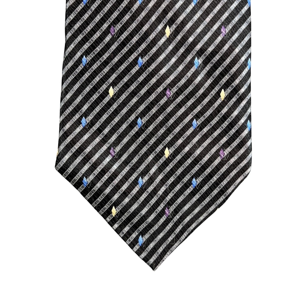 Barrington Mens Silk Necktie Black Grey Striped Diamond Pattern Formal Tie